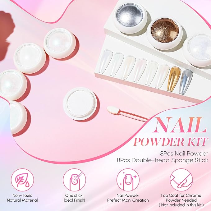 AIMEILI Pearl Chrome Nail Powder, Vegan, Cruelty Free, 8 Colors Aurora Metallic Holographic Mirror Effect Nail Art Pigment Iridescent Shell Glitter Nail Art