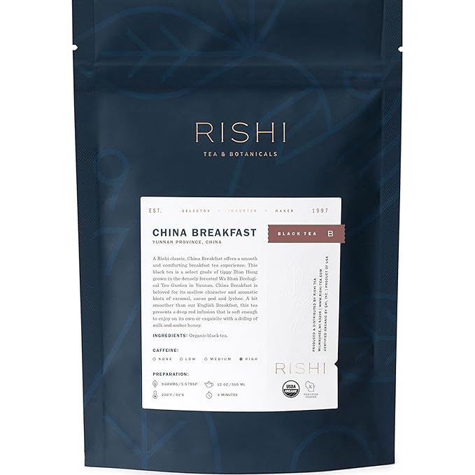 Rishi Tea China Breakfast Black Loose Leaf Tea - Organic, Robust & Caffeinated, Enjoy Hot or Iced - 4 Ounces, 12+ Servings