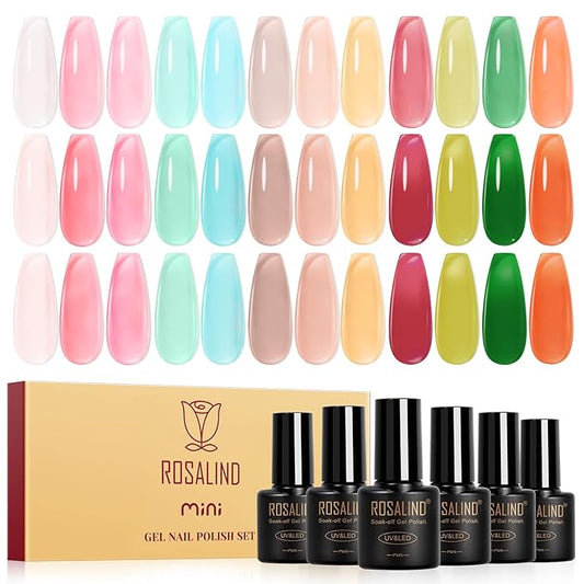 ROSALIND Jelly Gel Polish - 12 Colors Clear Translucent Gel Nail Polish Set Sheer Transparent Effect Soak Off UV Set Summer Nail Art Collection Manicure Gift for Women