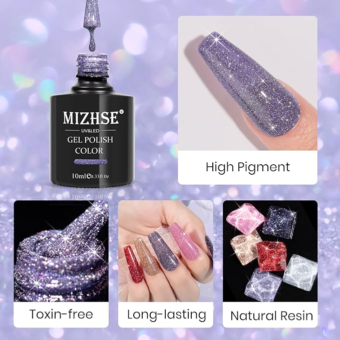 MIZHSE Reflective Glitter Gel Nail Polish, Holographic Glitter Gel Polish Set Sparkly Shiny Bling Nail Polish Soak Off UV/LED Nail Art Manicure Kit