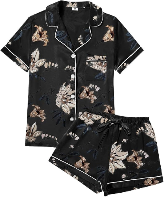 4Pcs Womens Satin Silky Pajama Sets Short Sleeve Shirt XS-4XL Floral Pajamas Set Soft PJ Loungewear Sleepwear