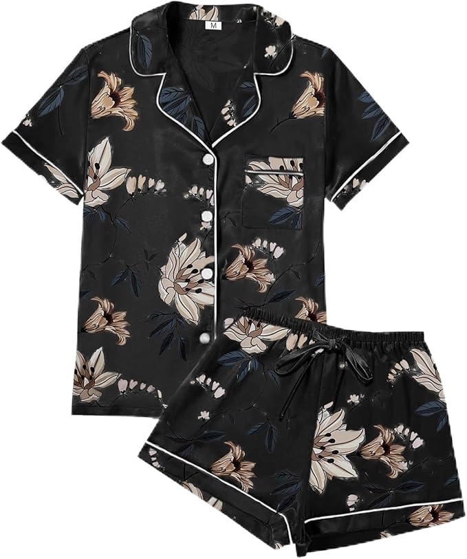 4Pcs Womens Satin Silky Pajama Sets Short Sleeve Shirt XS-4XL Floral Pajamas Set Soft PJ Loungewear Sleepwear