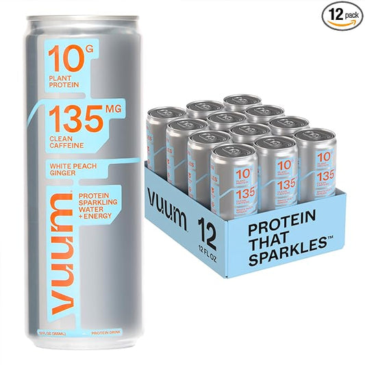 VUUM Sparkling Clear Protein Drink - 10g Plant Protein, Natural Pre Workout Energy Drink, Plant Based, Natural Caffeine, Sugar-Free Protein Drink - White Peach Ginger, 12 Fl Oz (12 Pack)