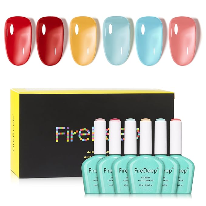 10ml Hema Free Gel Nail Polish Set, 6 Colors Transparent Jelly Gel Polish Kit Summer Sheer Colorful Pink Red Cyan Coral Color Gift for Art DIY and Salon