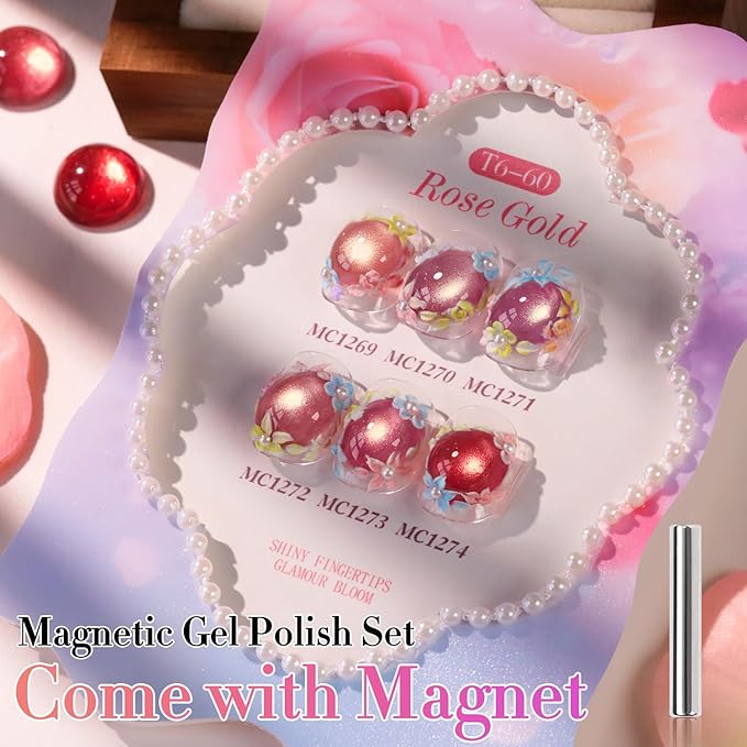 Double Rhythm Cat Eye Gel Nail Polish Set of 6 Same Color Same Bottle 0.5 Oz Shimmer Glitter with Magnet Holographic Reflective Magnetic UV Nail Polish Kit at Home (Golden Rose Pink-T6-60)