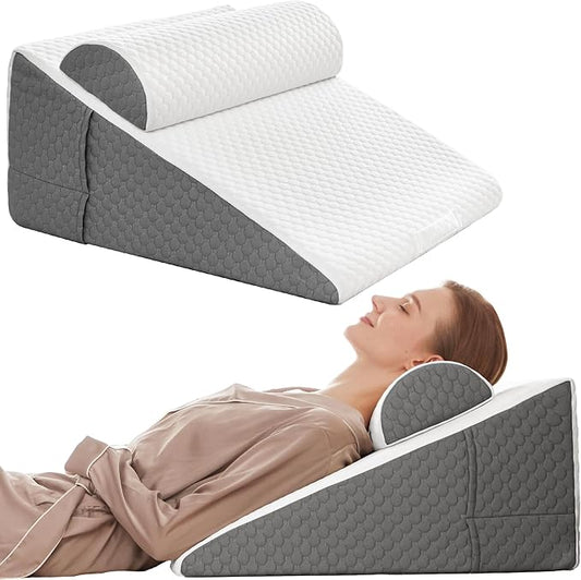 12" Bed Wedge Pillow for Sleeping with Headrest, Wedge Pillow Set for After Surgery Acid Reflux Back Pain Relief, Snoring & Gerd Memory Foam Triangle Incline Headboard Wedge Pillows
