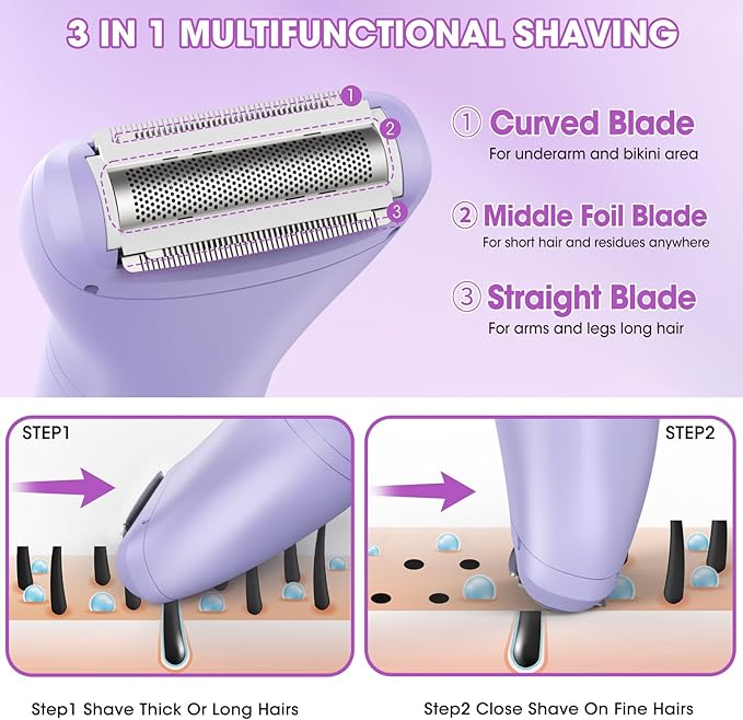 Bikini Trimmer Electric Razors for Women,3 in 1 Body Hair Removal Kit for Face,Pubic,Arm, Leg, Armpit, Bikini Trimmer,Painless IPX6 Waterproof Rechargeable Portable Lady Shavers Wet & Dry Gifts