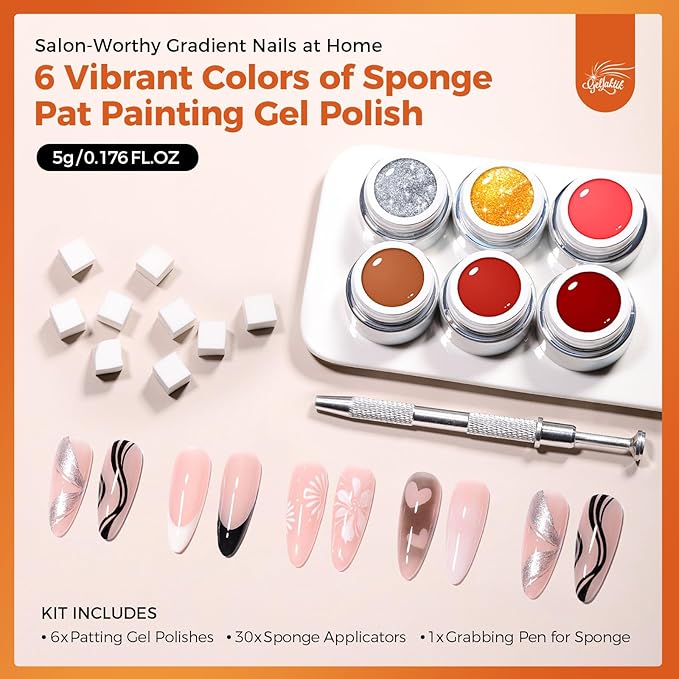 6 Colors Pat Painting Gel Polish Kit for Nails, Ombre Gradient Fall Winter Gel Nail Polish with 30PCS Sponge Applicators & Grabbing Pen ,Nail Art for DIY French Manicure at Home