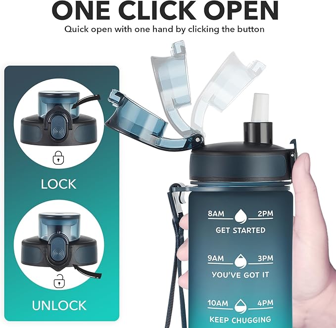 Enerbone Water Bottle, Leakproof BPA & Toxic Free, Motivational Water Bottle with Times to Drink and Straw, Fitness Sports Water Bottle with Strap for Office, Gym, Outdoor Sports