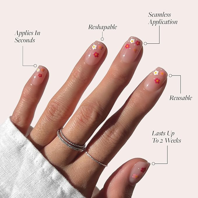 Glamnetic Press On Nails - Pretty Bloom | Glossy, Semi-Transparent Short Squoval Nails with Flower Accents, Salon Quality | 15 Sizes - 30 Nail Kit with Glue