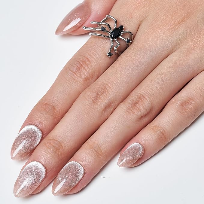 GLAMERMAID Nude Pink Magnet Cat Eyes Press on Nails Short Almond, Handmade Jelly Gel Fake Nail Kit, Aurora Ombre Glitter Magnetic Glue on Nail Stiletto, Pure Medium Oval Stick on False Nail for Women