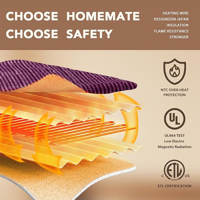 Homemate Electric Heated Blanket Full Size - 72"x84" Heating Blanket Full Size 1/2/4/6/8 Hours Auto-Off 10 Heat Level Over-Heat Protection Soft Flannel Sherpa ETL Certification