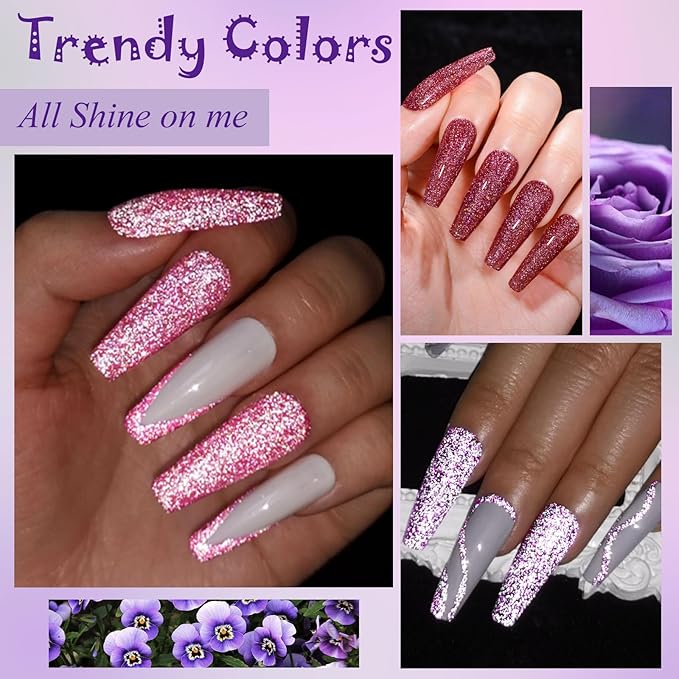 MEET ACROSS Reflective Glitter Gel Nail Polish Set of 12 Colors Pink Red Black Purple Shimmer Sparkle Gel Polish Collection Kit LED Soak Off Nail Polish Manicure Art Gel Kit Home DIY Nail Salon