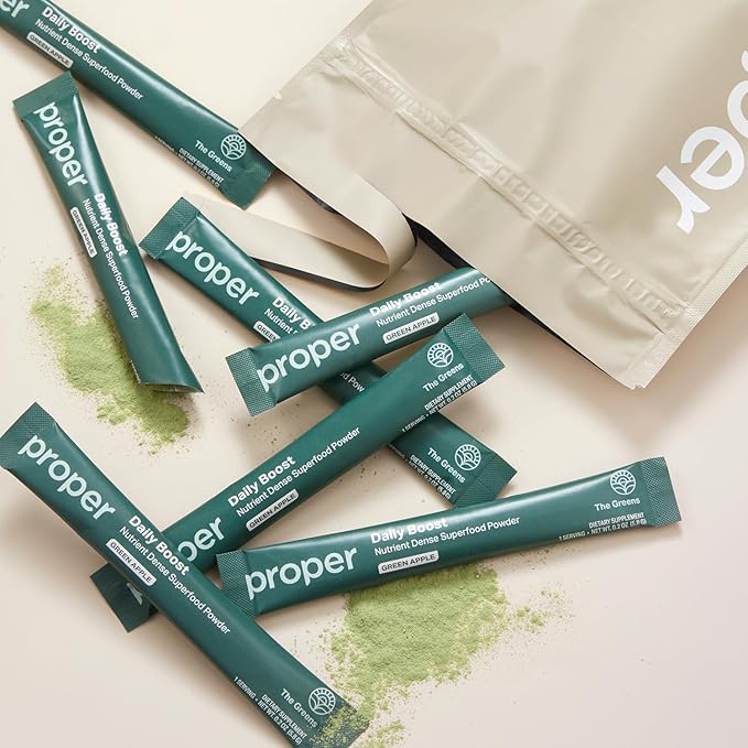 Proper, The Greens Daily Boost Organic Greens Powder. Whole Food, Apple Flavor Veggie Powder Superfood with Wheatgrass, Spirulina, Chlorella, Probiotics. Daily Drink Mix for Wellness and Digestion
