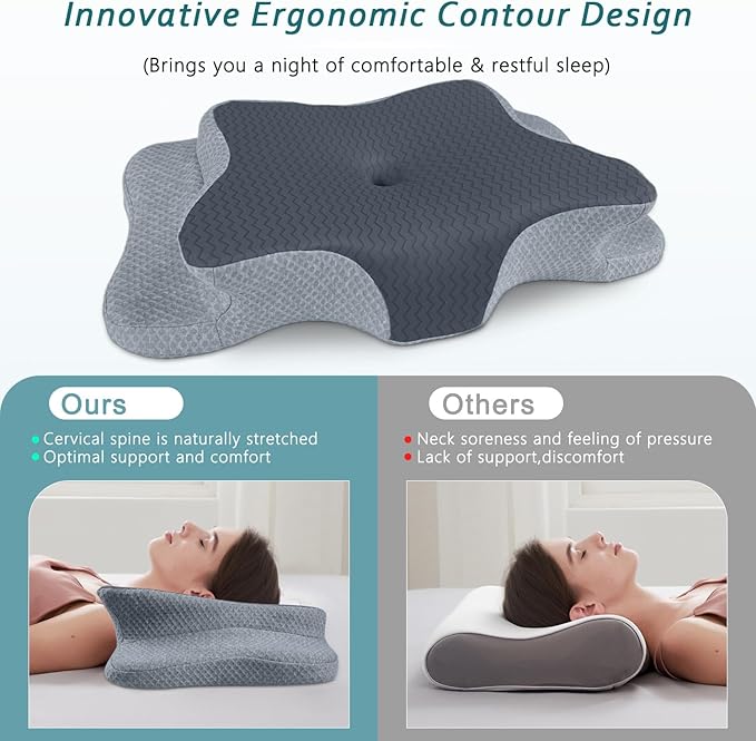 Cervical Pillow for Neck Pain Relief, Memory Foam Pillows, Ergonomic Contour Bed Pillow, Soft for Side Sleep Stomach Sleeping and Back Sleepers