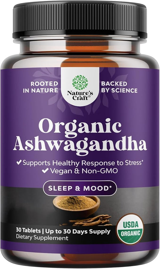 High Strength Organic Ashwagandha Supplements - Ashwagandha Organic Tablets for Mood Support & Hormone Balance for Women & Men - Root Extract Powder with Black Pepper for Better Absorption - 30 Ct