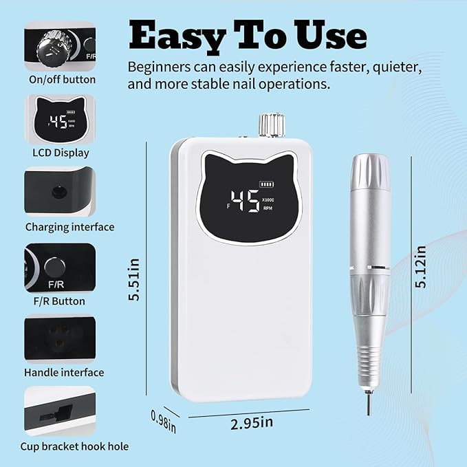 Professional Nail Drill File 45000RPM Electric Portable Nails Drills Kit with Rechargeable 7 uñas Bits Cordless Efile for Poly Gel Acrylic Nails Remover Home Salon Pedicure Manicure Tool (White)