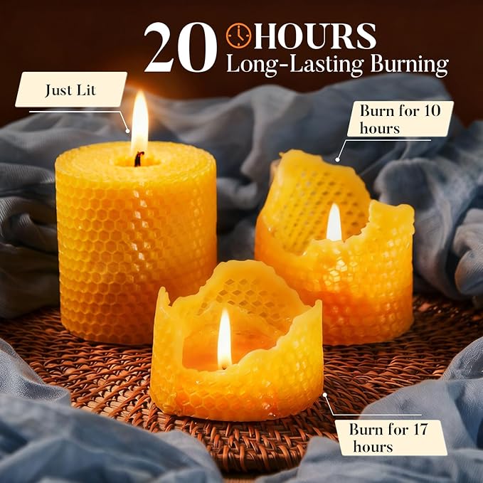 Beeswax Pillar Candles, 3x3 Inch -Set of 3 Hand-Rolled Honeycomb Candle - Long Burning 50+ Hours, Dripless Smokeless Unscented Handmade Beeswax for Home Decor, Prayer, Wedding,SPA