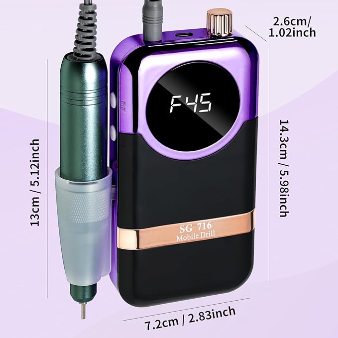LIMEGIRL Professional Electric Nail Drill Kit 45000RPM Portable Cordless Toenail Cordless Toenail Machine with 14 Drill Bits and Base for Women (Purple)