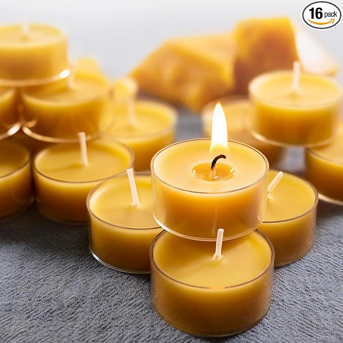 Pure Beeswax Tealight Candles-16 Pack - Handmade Natural Beeswax Tea Candles in Clear Cup | 4 Hour Extended Burn Time | Smokeless Beeswax Candles | for Home Deco, Fragrance, Relax