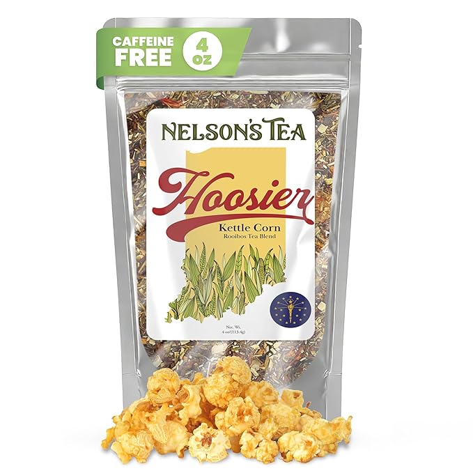 Nelson's Tea Hoosier Kettle Corn - Cut & Sifted, Caffeine Free Loose Leaf Tea with Sweet and Spicy Blend of Green Rooibos, Honeybush, Caramel, Corn, Safflower, Toasted Coconut, Marigold (4 oz)