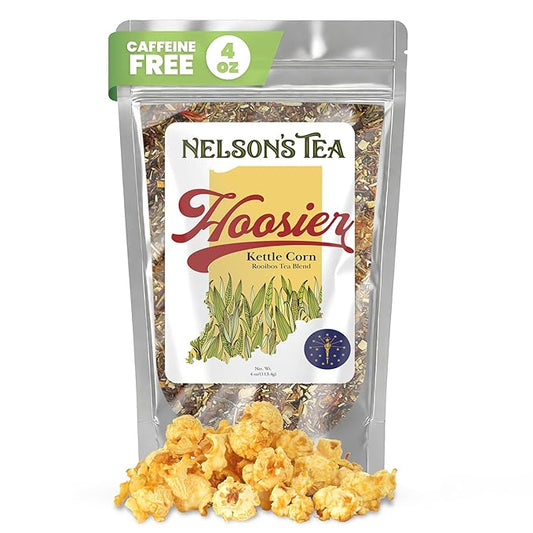 Nelson's Tea Hoosier Kettle Corn - Cut & Sifted, Caffeine Free Loose Leaf Tea with Sweet and Spicy Blend of Green Rooibos, Honeybush, Caramel, Corn, Safflower, Toasted Coconut, Marigold (4 oz)
