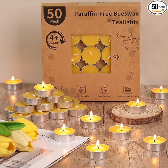 50 Packs Beeswax Tealight Candles, Pure Beeswax Tea Lights Candle, Natural Organic Tealights Candles Unscented Smokeless Clean Burning with 4 Hour Burn Time