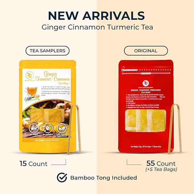 Ginger Cinnamon Turmric Tea Bags with Bamboo Tong - 55 Count (+5 Count), 5.47 oz, Re-Steep Corn Based Bag, Natural Herbal Tea for Body Warm, Liver Support