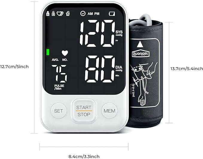 Blood Pressure Monitor Upper Arm Monitors for Home Use BP Machine with 2x120 Reading Memory Adjustable Arm Cuff 8.7"-15.7" Large Display with LED Background Light Storage Bag White