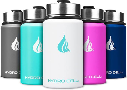 HYDRO CELL Stainless Steel Sport Water Bottle with Straw - Keeps Drinks Cold & Hot via a Leak Proof Metal Triple Insulated Vacuum Flask for All Sports and Outdoors Activities (White 14oz)