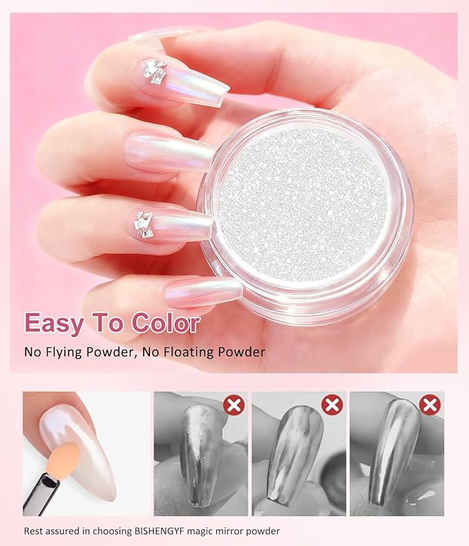 Gold Chrome Nail Powder - Sparkly Laser Holographic Nail Powder Metallic Mirror Effect Aurora Nail Chrome POwder, White Pearl Pigment Holo Iridescent Glitter Dust Kit, Nail Art Decoration