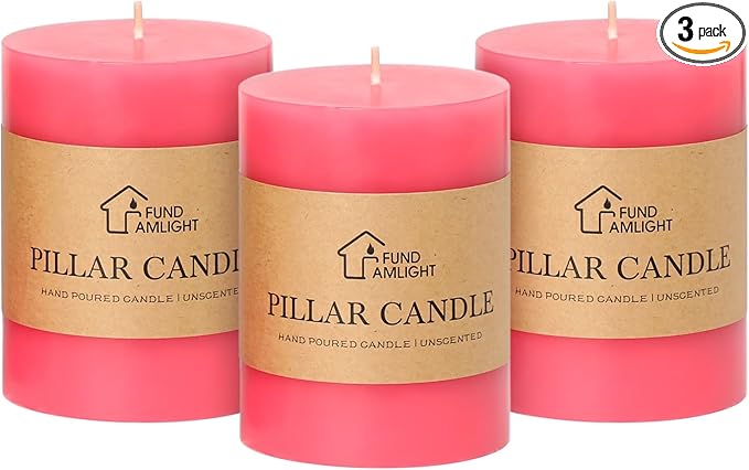 3x4 Inch Pink Pillar Candles Set of 3-Decorative Unscented Pillar Candle, Long Burning Dripless Candles for Table Decor, Smokeless Large Pillar Candle for Wedding Table, Dinner, Valentines Decor