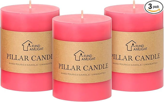 3x4 Inch Pink Pillar Candles Set of 3-Decorative Unscented Pillar Candle, Long Burning Dripless Candles for Table Decor, Smokeless Large Pillar Candle for Wedding Table, Dinner, Valentines Decor