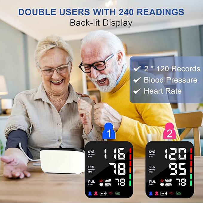 Blood Pressure Monitor, Automatic Digital Upper Arm Blood Pressure Machine with Adjustable Large Cuff, Hypertension Detector - LED Display 2 Users 240 Sets Memory