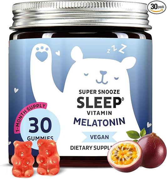 Bears with Benefits Vegan Melatonin 5mg Gummies, Sleep Gummies for Reduced time to Fall Asleep, with Vitamin B6 & Passion Fruit Extract - Super Snooze Sleep Vitamin (30 Gummies)