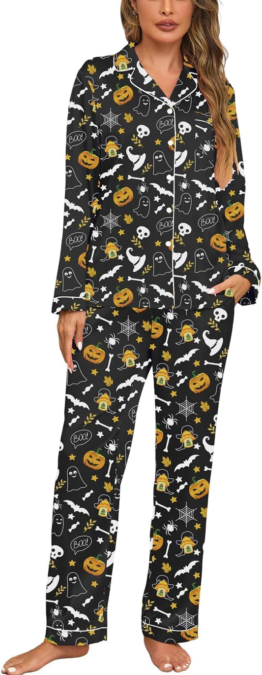 Veseacky Womens Satin Pajama Set Silk Pjs Button Down Long Sleeve Sleepwear Loungewear Sleepwear 2 Piece Pjs Set S-XXL