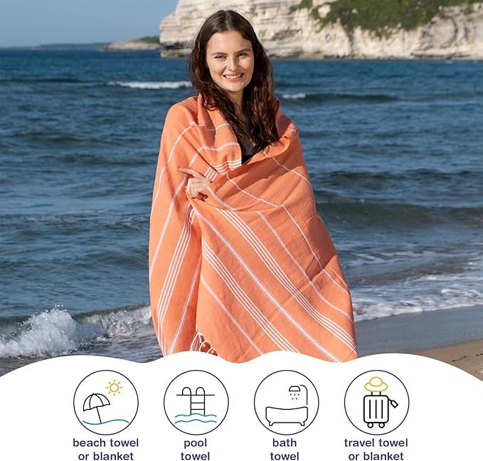 Turkish Beach Towels, Bulk Case of 24 | Oversized, Quick Dry, Sand Free | 100% Cotton, Large 38x71 Towels for Beach, Pool, Travel | Ultra-Soft, Compact, Absorbent | Orange