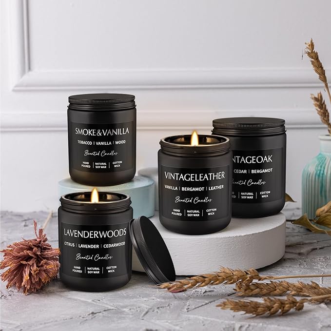 4Psc Scented Candles Set,7oz Gifts for Men Aromatherapy,Soy Candle of Smokeless - Leather & Smoke, Vanilla Oakmoss, Lavender - Relaxing Fragrance for Home, Office, Yoga(Black)