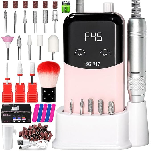 LIMEGIRL Professional Electric Nail File Drill Bits Kit 45000RPM for Acrylic Toenail Machine Clippers with 14 Drill Bit Pink Portable Rechargeable Cordless