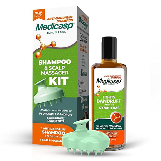 Medicasp Anti-Dandruff Shampoo and Massager Kit – Coal Tar for Dandruff, Psoriasis, and Seborrheic Dermatitis, Scalp Massager Brush for Exfoliation and Care, 6 fl oz