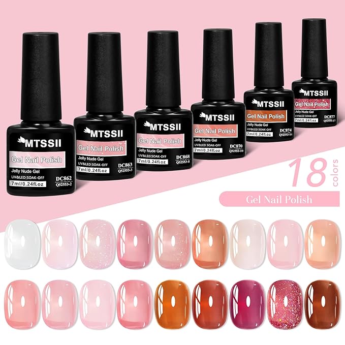 MTSSII 18 Pcs Jelly Gel Nail Polish Set, Pink Nude Sheer White Red Glitter Nail Polish Kit Translucent Soak Off UV Gel Long Lasting Suitable for Home and Salon