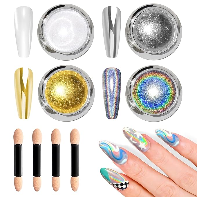 Gold Chrome Nail Powder - Sparkly Laser Holographic Nail Powder Metallic Mirror Effect Silver Nail Chrome POwder, White Pearl Pigment Holo Iridescent Glitter Dust Kit, Nail Art Decoration
