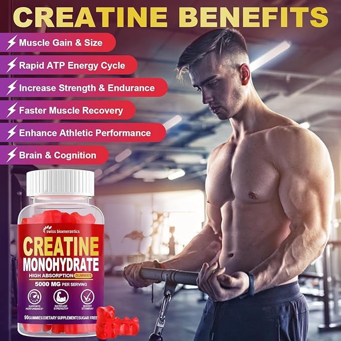 Creatine Monohydrate Gummies Infused with 5g Creatine for Men and Women, Chewable Creatine Monohydrate for Muscle Strength, Muscle Builder, Energy Boost, Pre-Workout Supplement-Raspberry 180 Count