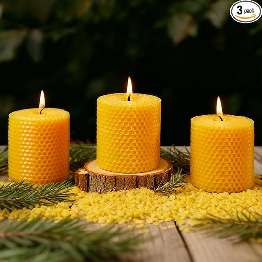 Beeswax Pillar Candles, 3x3 Inch -Set of 3 Hand-Rolled Honeycomb Candle - Long Burning 50+ Hours, Dripless Smokeless Unscented Handmade Beeswax for Home Decor, Prayer, Wedding,SPA