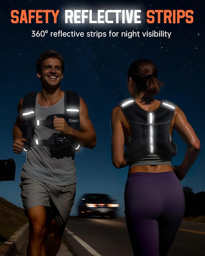 Renoj Weighted Vest for Women Men: 6lb/8lb/10lb/12lb/16lb/20lb Weight Training Vest for Workout, Running, Walking, Exercise, Weight Loss, Weight Lifting - With Reflective Strips and Storage Pocket