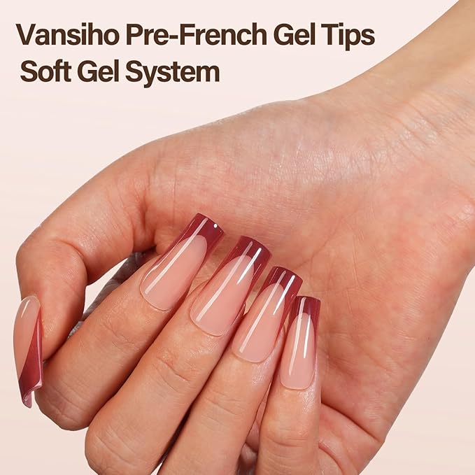 150Pcs French Gel Nail Tips, Vansiho Long Square Nail Tips, Red Pre-French Tips Press on Nails, Soak Off Soft Gel Acrylic Fake Nails for Nail Art DIY 15 Sizes