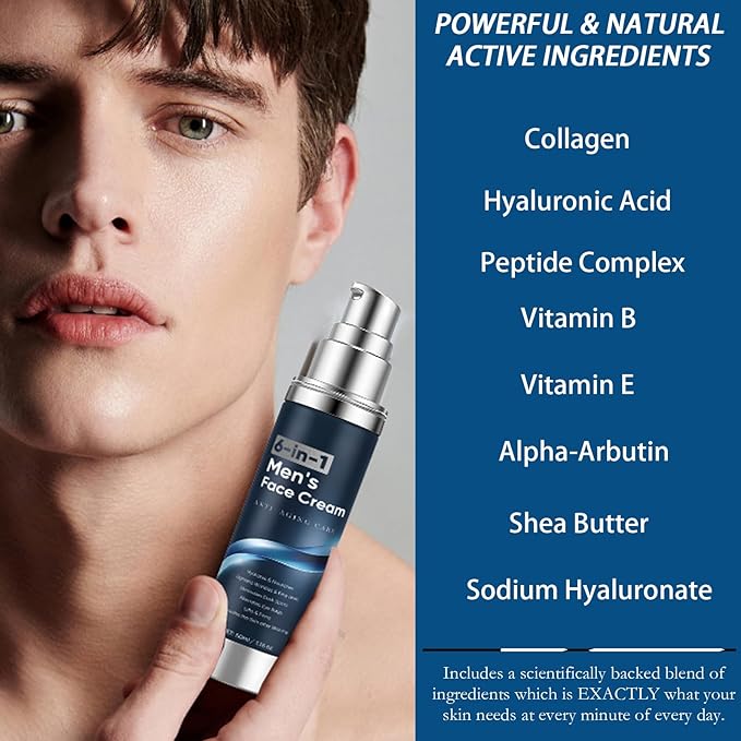 6 in 1 Face Cream for Men – Anti Aging Men’s Moisturizer with Collagen, Hyaluronic Acid and Shea Butter – Daily Skin Care – Reduce the Look of Eye Bags, Dark Circles and Puffiness – 1.76 fl oz (1)