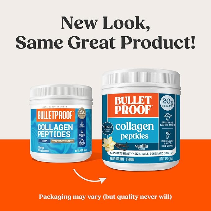 Bulletproof Vanilla Collagen Peptides Powder with MCT Oil, 14.3 Ounces, Grass-Fed Collagen Protein for Skin, Bone and Joint Support, Pasture Raised, No Added Hormones, Packaging May Vary