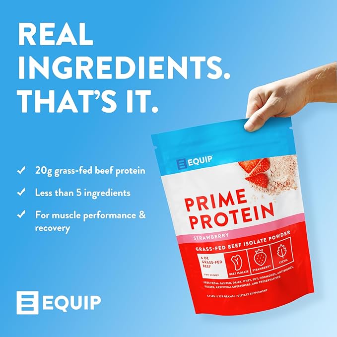 Equip Foods Prime Protein Powder | Clean, Grass Fed Beef Protein Powder | Carnivore Protein Isolate | Paleo, Keto Friendly | Gluten & Dairy Free | Helps Build & Repair Tissue | 30 Servings, Strawberry