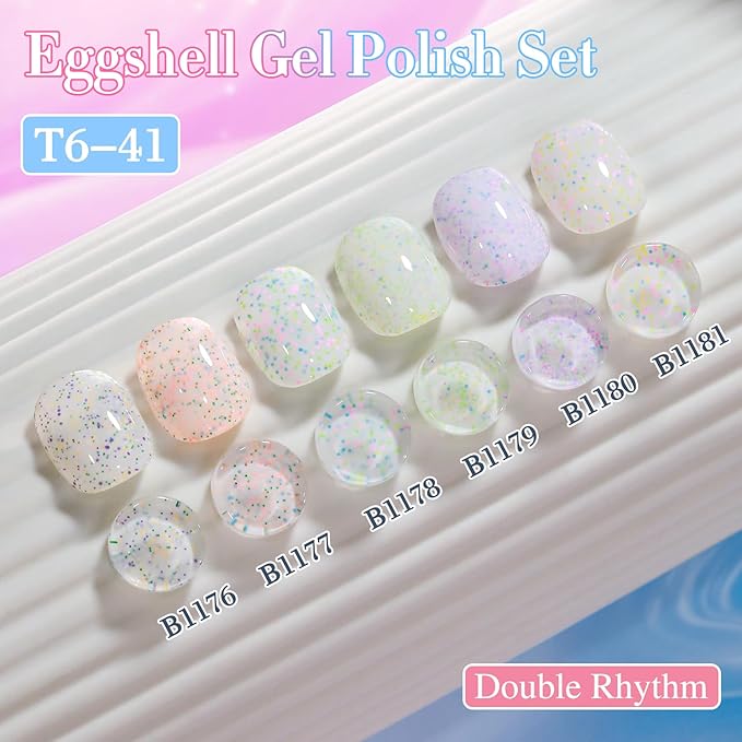 Double Rhythm 0.5 Oz Glitter Gel Polish Set of 6 Color with Display Borad 15 ml Full Size Kit Shimmer Reflective Sparkle Soak Off Manicure Salon DIY at Home (Eggshell Green Purple Colorful Dots-T6-41)